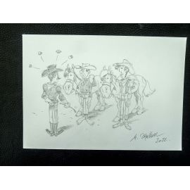 JANVIER dessin original A4 crayonné Lucky Luke cavalerie US 5 persos