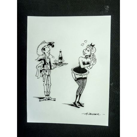 JANVIER dessin original A4 encré Lucky Luke et danseuse de saloon